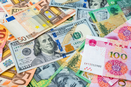 American dollars, Euro money, Australian dollars and Chinese yuan money.