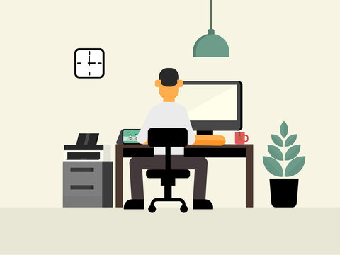 Freelancer man working at office desk. Home workplace. Flat style vector illustration.