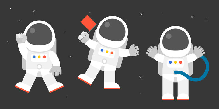 cute astronaut in various post, holding flag, say greeting, flat design vector illustration