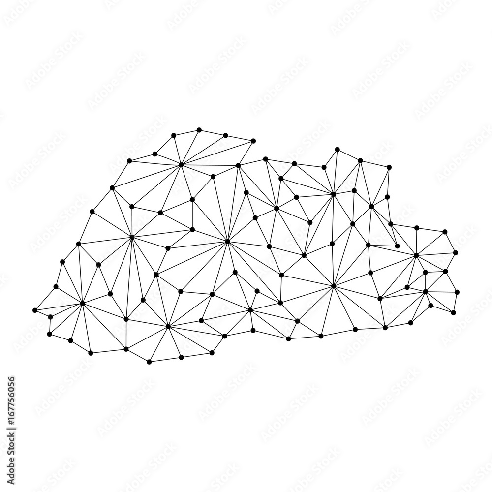 Poster bhutan map of polygonal mosaic lines network, rays and dots vector illustration.