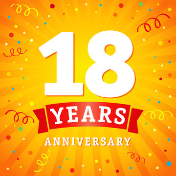 18 years anniversary logo celebration card. 18th years anniversary vector background with red ribbon and colored confetti on yellow flash radial lines