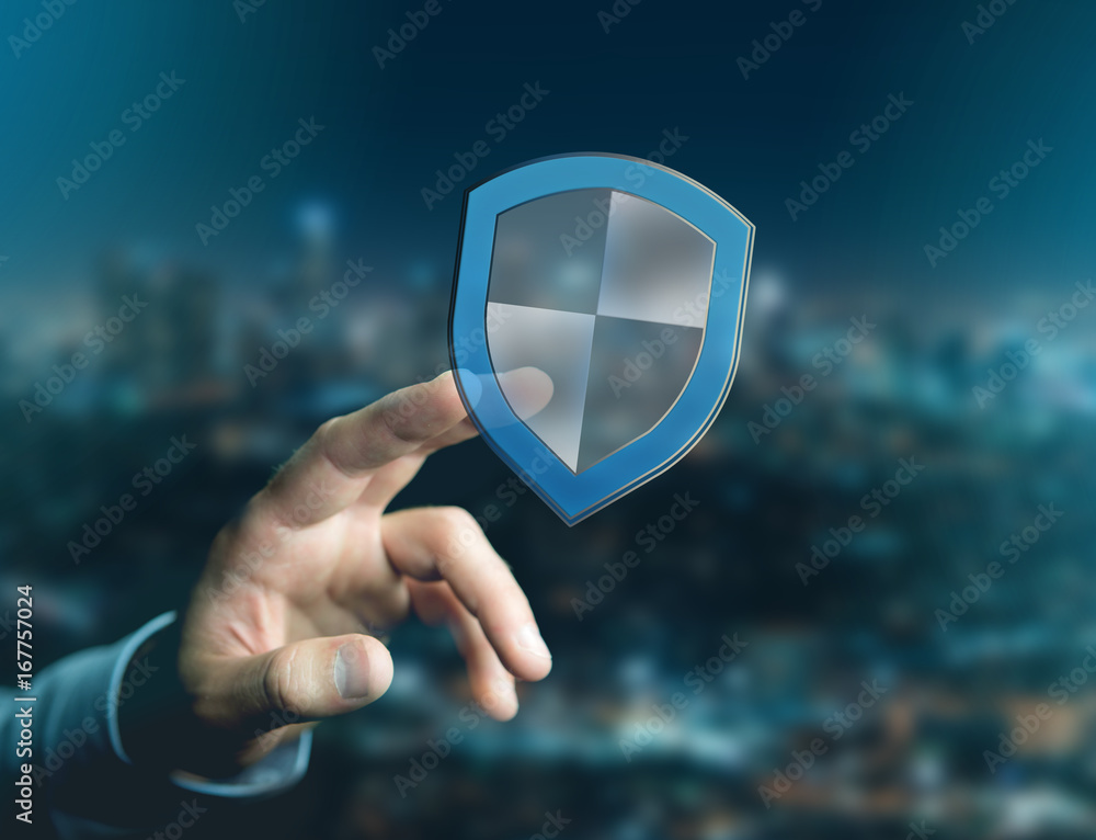 Poster shield symbol displayed on a futuristic interface - security and internet concept