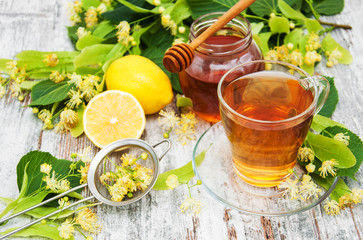 cup of herbal tea with linden flowers