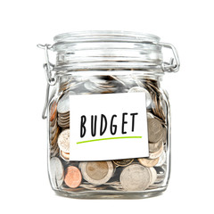 Savings money box coins thai baht with empty white stick note paper isolated on white background. Jar for savings full of coins. Piggy bank for saving money template for text. Close up. Front view.