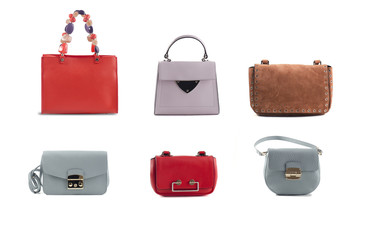 group of color leather women handbags isolated on white background