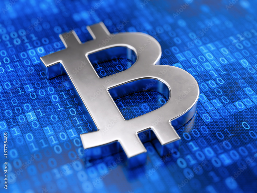 Poster metall bitcoin sign on digital code background. mining cryptocurrency concept. 3d rendering