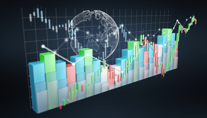 Digital 3D rendered stock exchange stats and charts