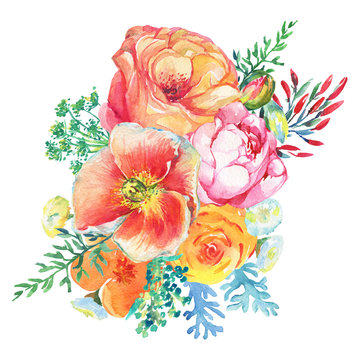 Bouquet with blooming flowers and leaves in vintage style. Watercolor painting illustration isolated on white background.
Composition for holiday - Mother's Day, wedding, birthday, Easter.