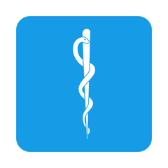 Icono plano baston y serpiente en cuadrado azul