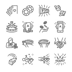 Casino and gamble line icon set. Included the icons as cards, dice , lotto, poker, slot machine, jackpot and more.