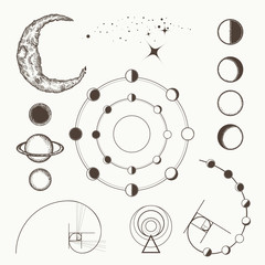 Astrology and alchemy, symbols and signs of astrology, lunar phases, esoteric planets, moon, golden ratio. Sacral geometry hand drawn medieval elements collection