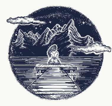 Mountains tattoo and t-shirt design. Girl sits on pier on mountain lake. Symbol of dream, romantic, love. Night mountain lake tattoo and t-shirt design