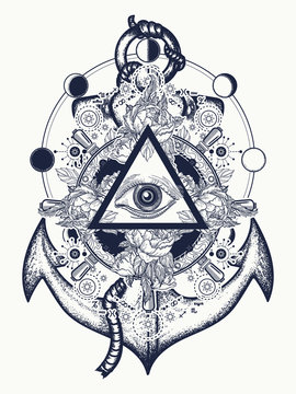 All seeing eye tattoo art vector. Freemason and spiritual symbols. Alchemy, medieval religion, occultism, esoteric tattoo. Magic eye, steering wheel and anchor t-shirt design