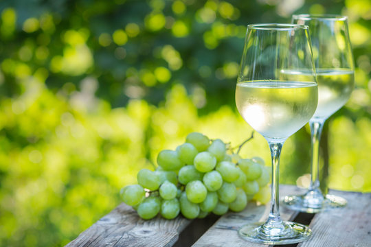 Weißwein und Trauben im Garten