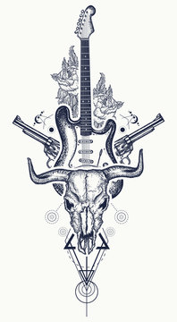 Rock and roll tattoo. Bull skull, guns, roses, electric guitar. Symbol of hard rock, music, western, heavy metal. Rock t-shirt design