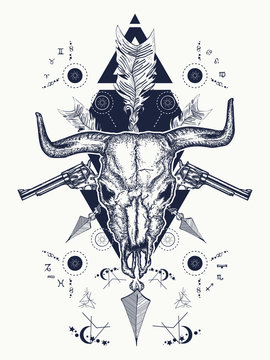 Wild west tattoo, Bison skull, crossed revolvers, arrows. Symbol of a western, wild West, crime. Wanted t-shirt design