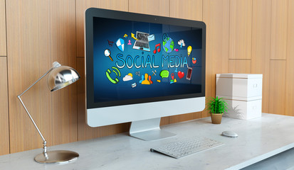 Modern computer with social media presentation 3D rendering