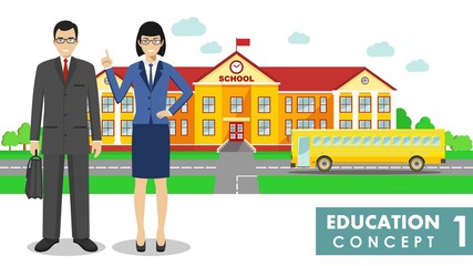 Education concept. Detailed illustration of a school building, school bus, male and female teacher in flat style on white background. Vector illustration.