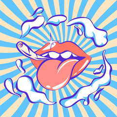 Pop art retro lips with marijuana joint and clouds of smoke, vector illustration, vintage banner