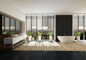 Moderne freistehende Badewanne in Designer Badezimmer mit Holzboden