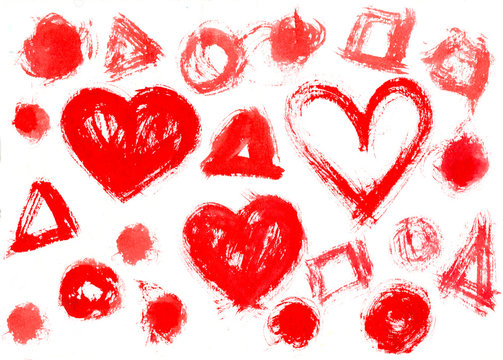 Stamp printed watercolour hearts spot and Circles background