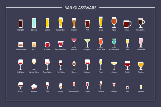 Bar glasses types guide, flat icons on dark background. Horizontal orientation. Vector