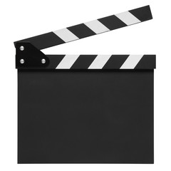 open blank black clapper board on top view vintage white wood table for the action scene or filming...