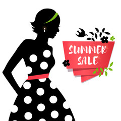 Beauty girl silhouette in retro dress. Sale summer banner with young lady