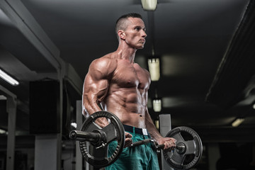 Fototapeta na wymiar Handsome man with big muscles, posing at the camera in the gym