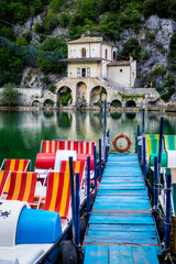 Fototapeta na wymiar Scanno Lake, Scanno, Abruzzo, Central Italy, Europe. The little church Madonna del Lago.