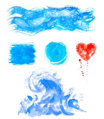 Watercolor hand painting textures.Blue Stains,spot drops,splashes set.