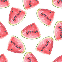 Seamless watermelon slice piece hand drawn watercolor pattern, tropical food summer repeating pattern. Botanical illustration on white background.