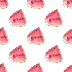 Seamless watermelon slice piece hand drawn watercolor pattern, tropical food summer repeating pattern. Botanical illustration on white backdrop.