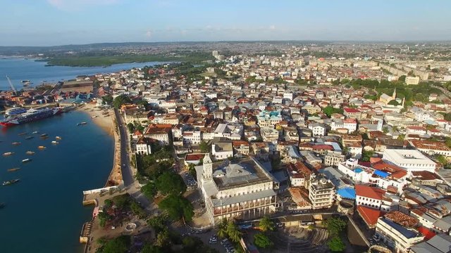 Aerial view of the Stone Town, old part of Zanzibar City, main city of Zanzibar, Tanzania from above, Africa, Indian Ocean, 4k UHD