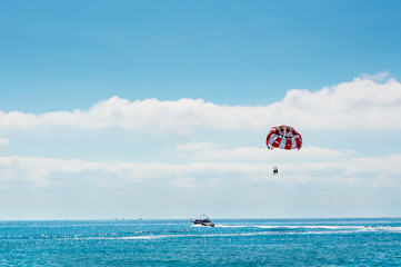 Sea parasailing water amusement. Flying on a parachute behind a boat on a summer holiday by the sea in the resort Bulgaria on background a blue sky with clouds.