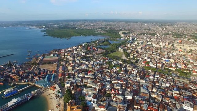 Aerial view of the Stone Town, old part of Zanzibar City, main city of Zanzibar, Tanzania from above, Africa, Indian Ocean, 4k UHD