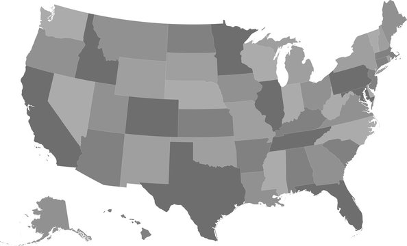 Map of the United States of America split into individual states. Gray shades.
