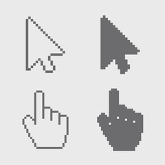 Vector modern arrows and hands cursor icons on gray background.