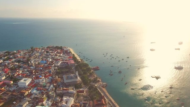 Aerial view of the Stone Town, old part of Zanzibar City, main city of Zanzibar, Tanzania from above, Africa, Indian Ocean, 4k UHD
