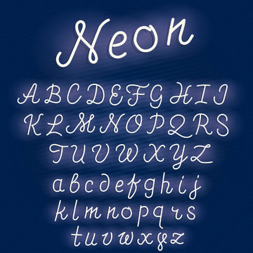 Neon alphabet script font glowing letters set.