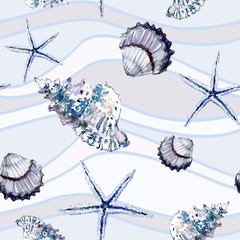 Fototapety  Morski wzór z muszli i rozgwiazdy na tle z beżowymi i jasnoniebieskimi liniami falistymi. Malarstwo akwarelowe.