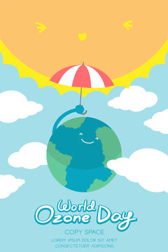 World Ozone Day 16 September vertical Banner set, Global warming concept smile earth with umbrella protection, sun, sky and cloud illustration isolated on blue background, with copy space