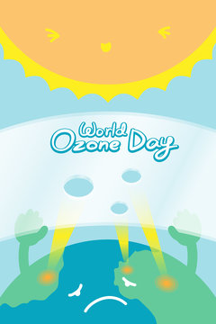 World Ozone Day 16 September vertical Banner set, Global warming concept sad earth with hand hold ozone layer have hole and sun illustration isolated on blue background, with copy space