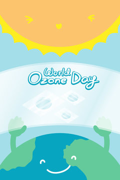 World Ozone Day 16 September vertical Banner set, Global warming concept smile earth with hand hold ozone layer fix and sun illustration isolated on blue background, with copy space