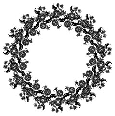 Black and white silhouette round frame with decorative flowers. Vector clip art.