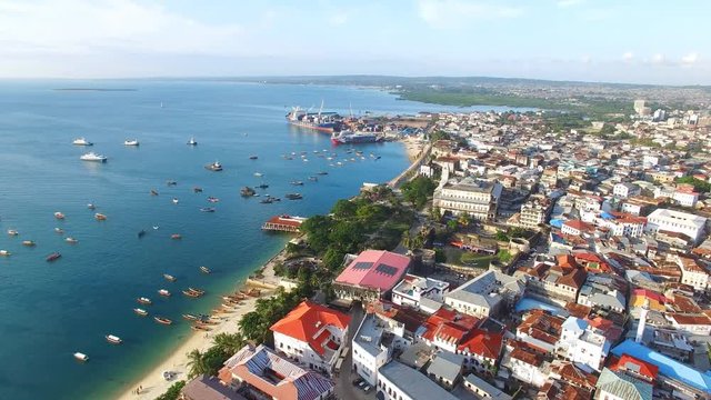 Aerial view of the Stone Town, old part of Zanzibar City, main city of Zanzibar, Tanzania from above, Africa, Indian Ocean, 4k UHD