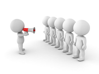 3D Characters sitting in line with one of them in front talking with bullhorn