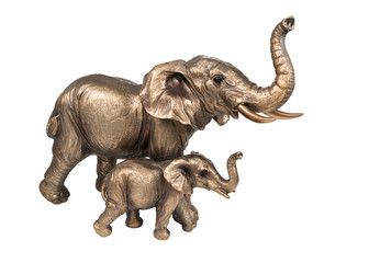 Bronze statuette of elephant and baby elephant isolated on white background