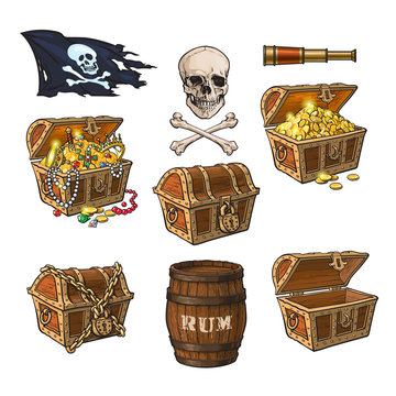 Pirate set - treasure chests, jolly Roger flag, rum barrel, field glass, skull and bones, hand drawn cartoon vector illustration isolated on white background. Hand drawn cartoon pirate set