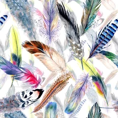 Fotobehang Aquarel veren Aquarel vogel veer patroon van vleugel. Aquarelle veer voor achtergrond, textuur, wrapper patroon, frame of rand.